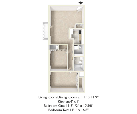Floor plan for 2 beds, 1 bath, 874 sqft